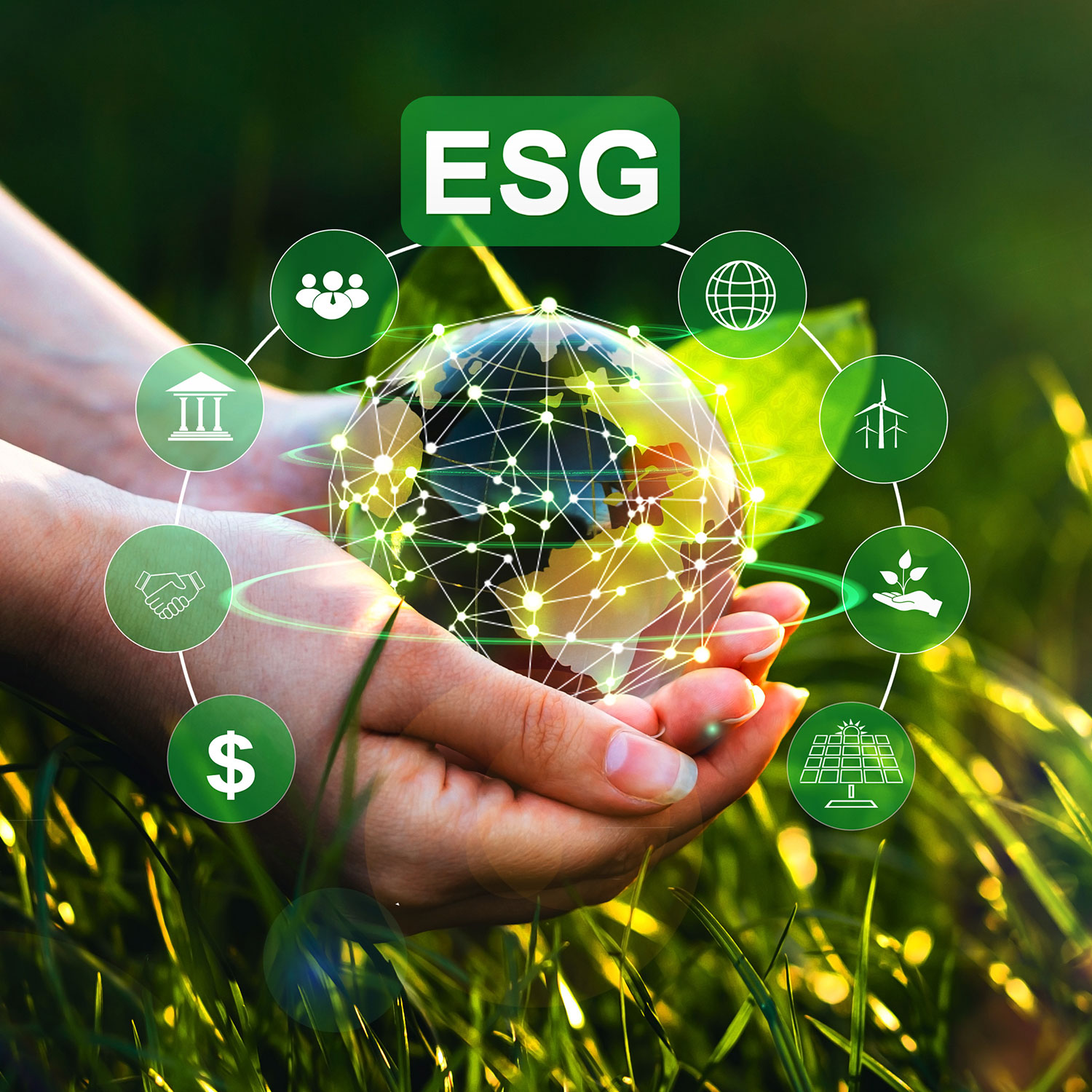 Hand holding crystal globe with network connection and ESG icons. Environment social and governance in sustainable and ethical business, using technology of renewable resource to reduce pollution