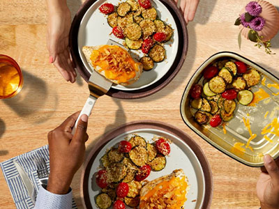 Overhead of food being served on table