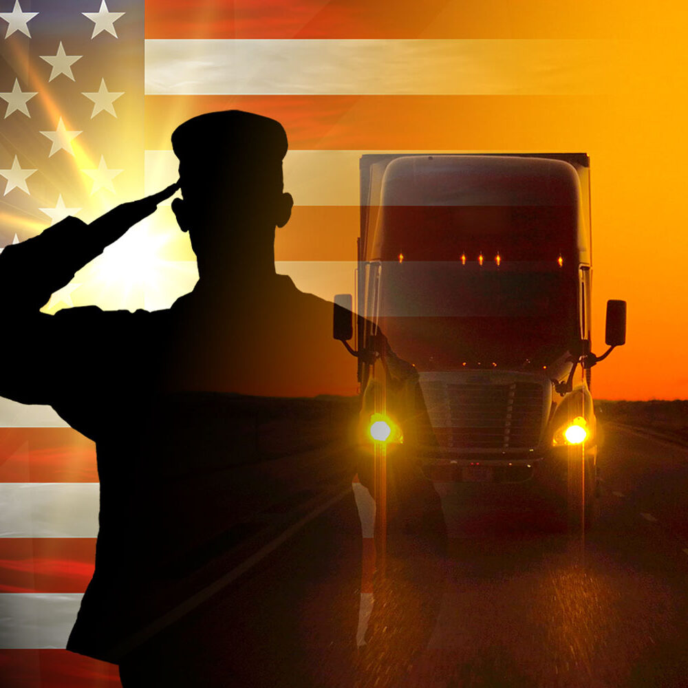 Proud saluting male army soldier on american flag background superimposed over semi at sunrise